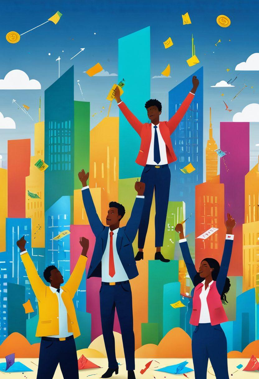 A dynamic scene showing a diverse group of people celebrating their improved credit scores, surrounded by symbolic elements like rising graphs, credit reports, and gold coins. The backdrop features a city skyline representing financial success, along with colorful post-it notes with tips. The overall mood is uplifting and empowering. vibrant colors. super-realistic.