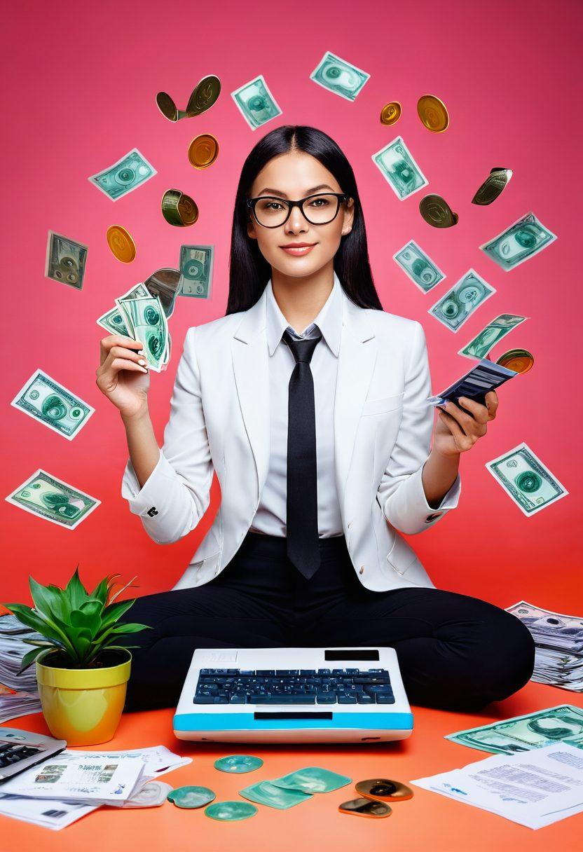 A visually striking image depicting a confident individual surrounded by floating financial symbols like coins, dollar signs, and credit cards, while holding a calculator and reviewing documents. Bright and uplifting colors emphasize positivity and control over financial matters, with a soft gradient background suggesting a bright financial future. Include elements of a calm workspace such as a plant and a laptop. super-realistic. vibrant colors. white background.